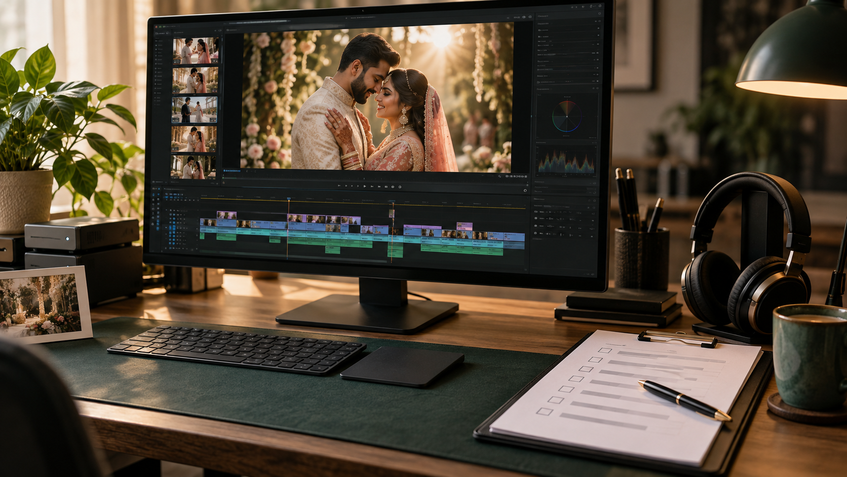 Wedding film preview on an editing screen beside a final delivery checklist.