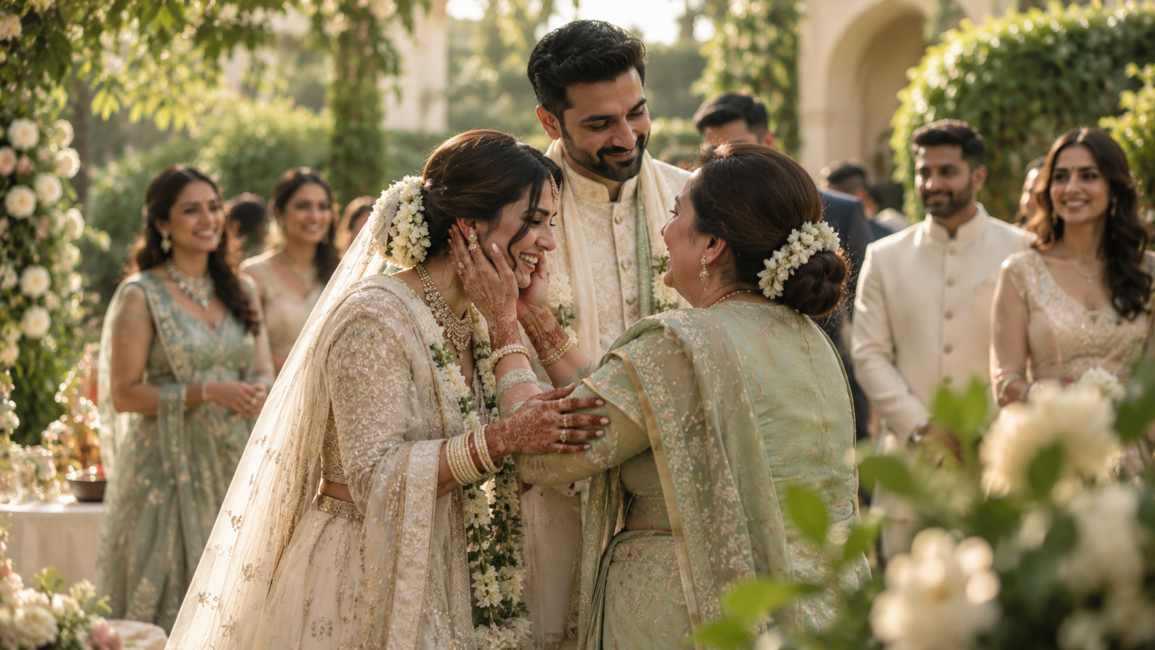 Indian wedding couple greeting an older family member with friends in the background.