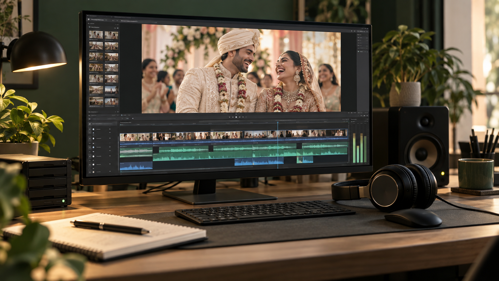 A wedding film editing screen showing a laughing couple, audio waveforms and headphones.