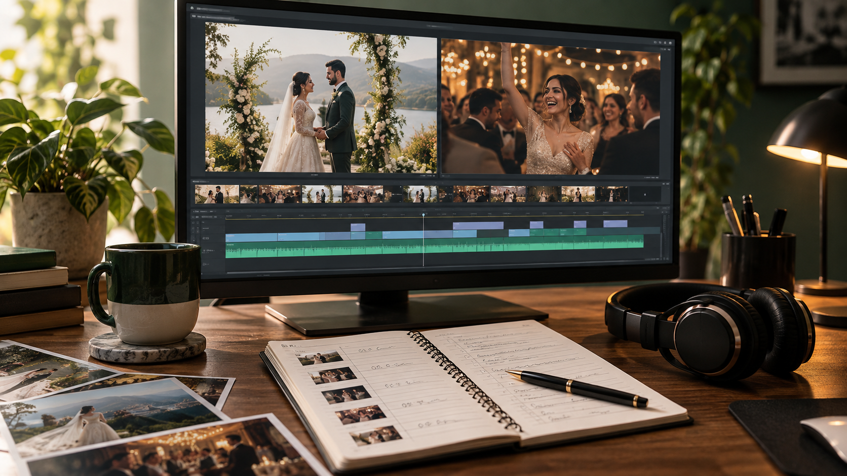 Editing desk with wedding film references on a monitor and a notebook for creative notes.