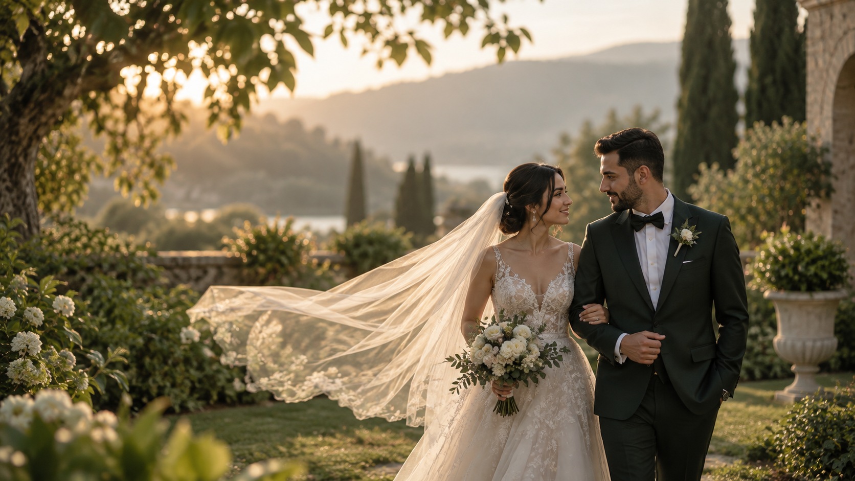 Wedding couple exchanging a quiet glance as a bridal veil moves in a garden.